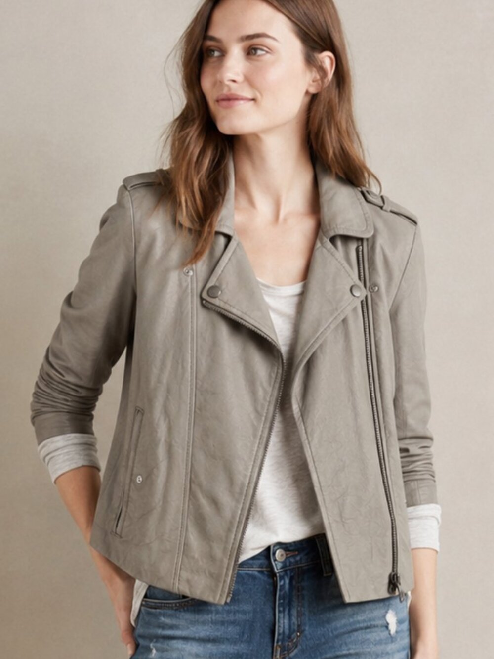 Lou & Grey Genuine Leather Mixed Media Moto Jacket Gray Size S